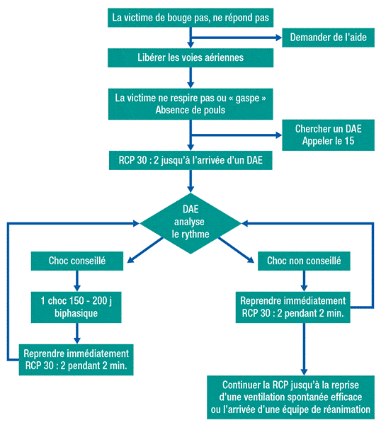 Algoryhtme de la réanimation cardio-pulmonaire de base avec présence d’un Défibrillateur automatisé externe (d’après les recommandations de la SFAR et la SRLF).