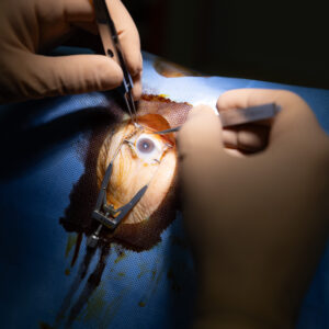 Le médecin préleveur commence le prélèvement en enlevant la conjonctive avec des ciseaux. Il utilise ensuite un trépan pour effectuer un marquage circulaire autour de la cornée, avant d’inciser avec un bistouri et découper au ciseau. Il retire la cornée avec une pince. Le médecin préleveur commence le prélèvement en enlevant la conjonctive avec des ciseaux. Il utilise ensuite un trépan pour effectuer un marquage circulaire autour de la cornée, avant d’inciser avec un bistouri et découper au ciseau. Il retire la cornée avec une pince.